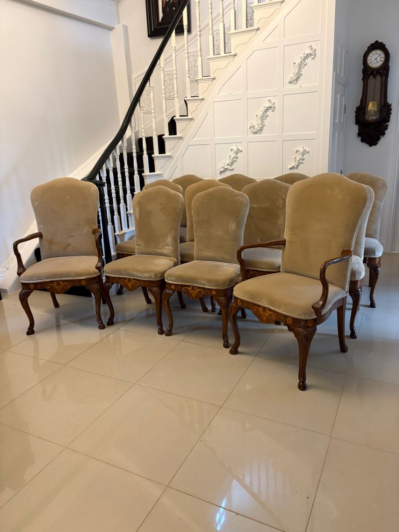 Set of 12 Antique Quality Burr Walnut Inlaid Marquetry Dining Chairs - Image 5